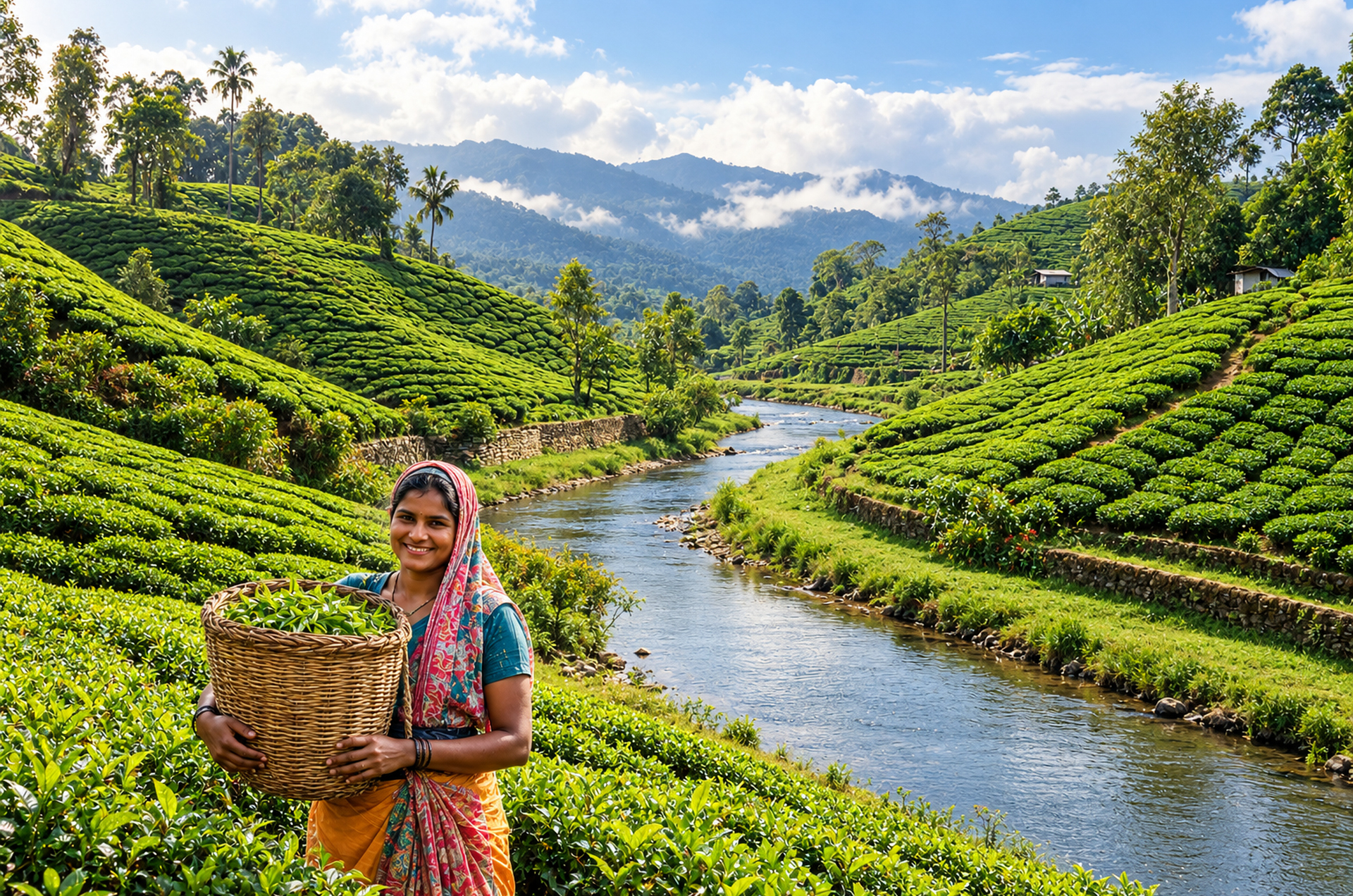 Eine Teepflückerin im Hochland von Sri Lanka lächelt.
